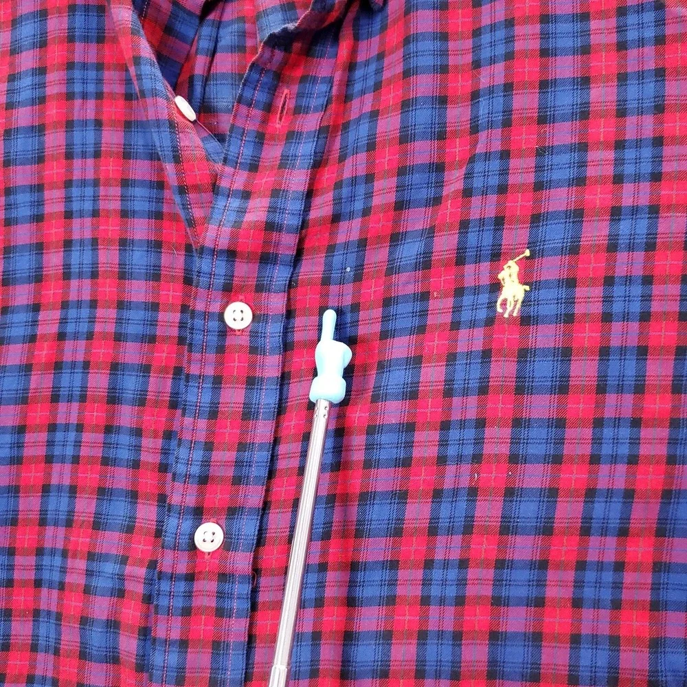 Ralph Lauren Men Button Up Shirt Large Red Classic Fit Plaid Blue LS READ